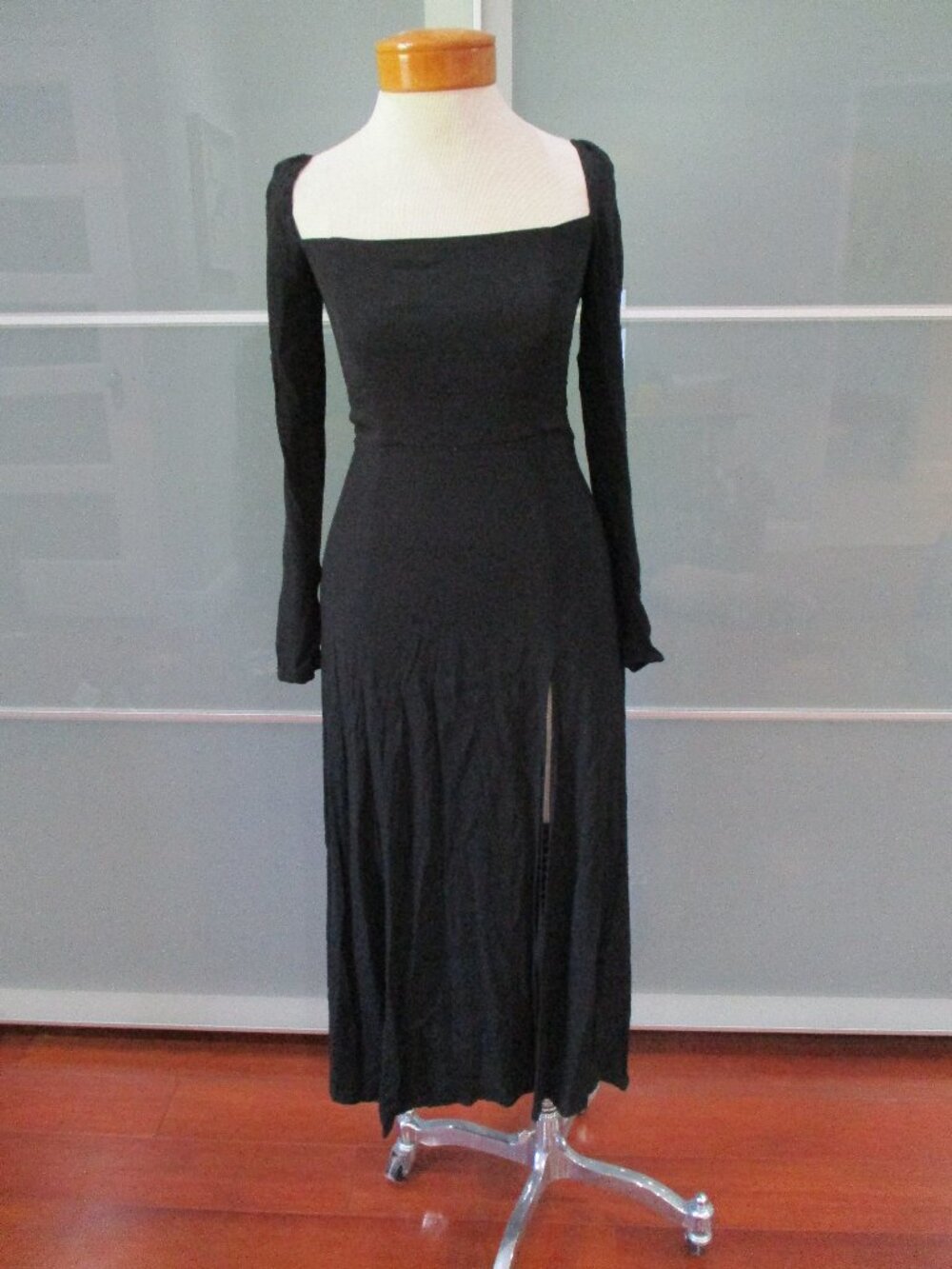 Reformation Square Neckline Long Sleeve Off-Center Front Slit Midi Dress